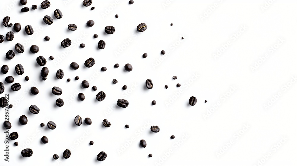 Roasted coffee beans scattered on white. Food background Roasted coffee beans scattered on white. Food background