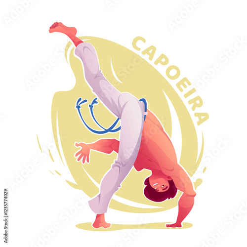 Cartoon capoeira male player practicing combat strike. Capoeira dancer in action pose