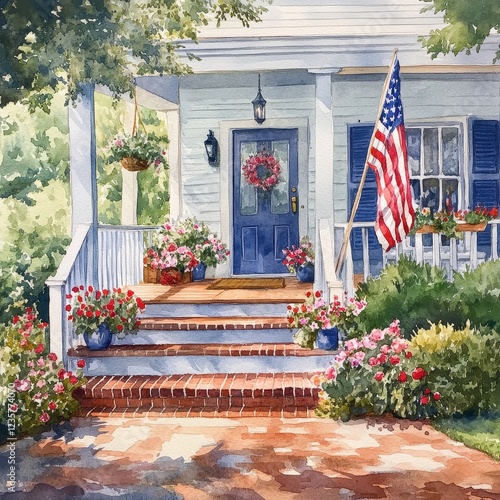 A charming porch adorned with flowers, an American flag, and a wreath, creating a welcoming, homey atmosphere.