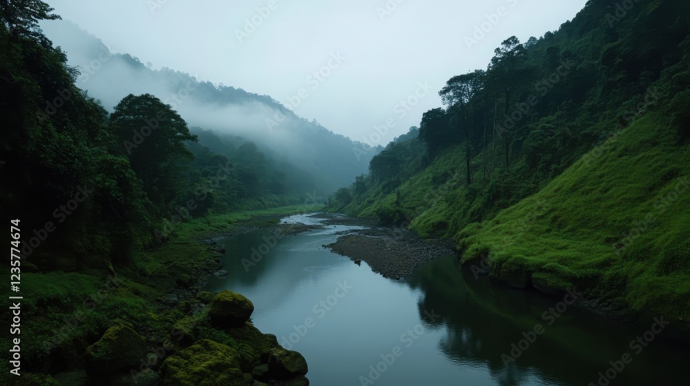 A tranquil mountain stream winding through a dense, lush green forest in the Chittagong Hills on a misty morning. Soft fog drifts between the towering trees, creating a mystical atmosphere. 