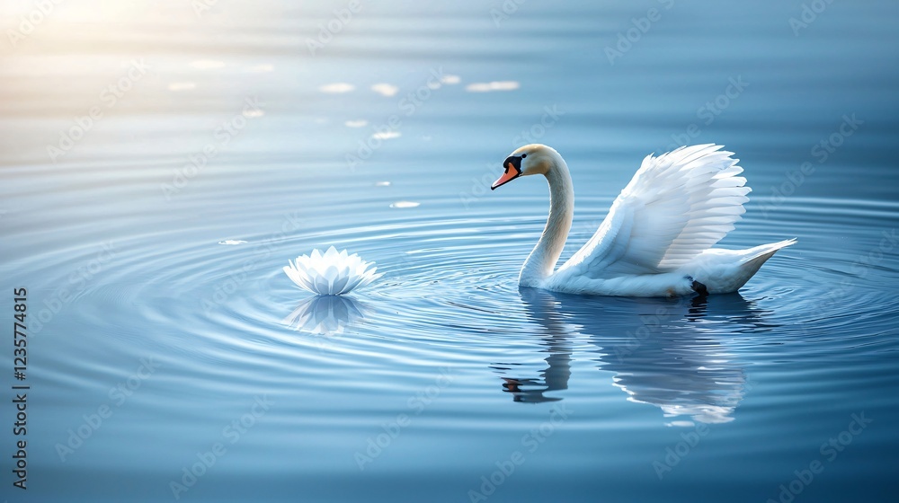 Serene swan on calm lake at sunrise; peaceful nature scene Serene swan on calm lake at sunrise; peaceful nature scene