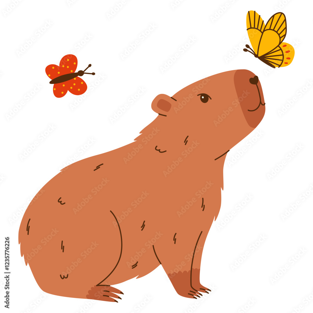 Fototapeta premium Cute capybara character. Funny rodent playing with butterflies. Hand drawn vector illustration.