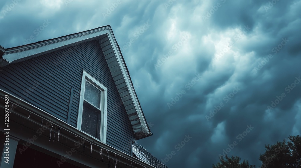 Dark stormy clouds loom over house, icicles hang. Dark stormy clouds loom over house, icicles hang.