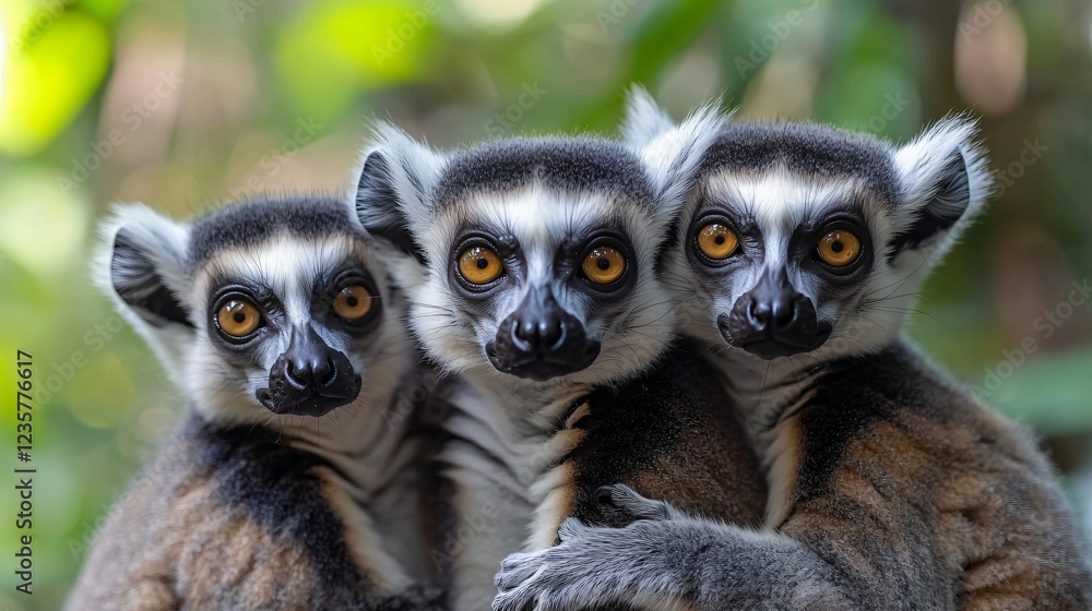 Fototapeta premium Three Ring Tailed Lemurs Close Together Displaying Cute Faces and Whiskers in a Natural Habitat.