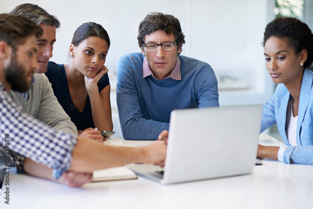 Business people, meeting and brainstorming with laptop for schedule planning or project discussion at office. Group, team or employees with computer for design, collaboration or creative startup Business people, meeting and brainstorming with laptop for schedule planning or project discussion at office. Group, team or employees with computer for design, collaboration or creative startup