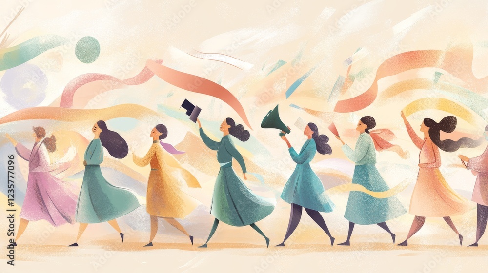 72.A dynamic illustration of women marching together for International Women's Day, with one woman holding a speaker, another waving a flag, and others wearing ribbons. The scene is set against a 72.A dynamic illustration of women marching together for International Women's Day, with one woman holding a speaker, another waving a flag, and others wearing ribbons. The scene is set against a
