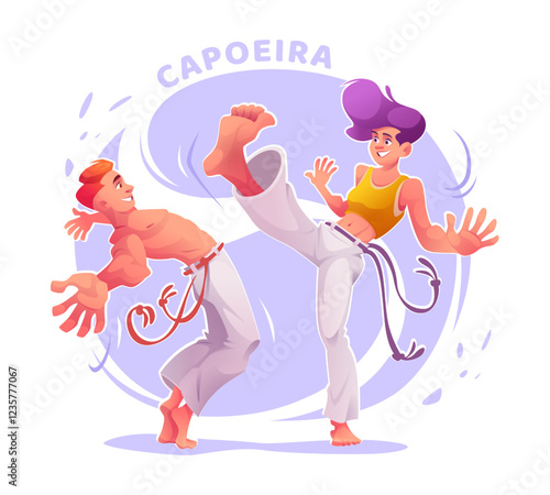 Cartoon capoeira male and female players practicing. Capoeira dancers in action poses