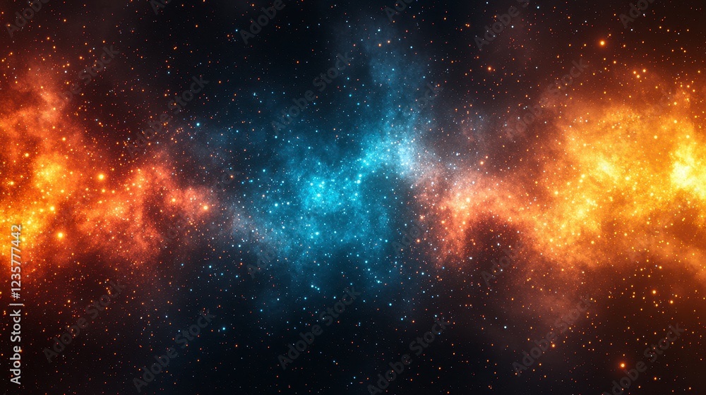 Naklejka premium Cosmic Nebula Fiery and icy clouds collide in space. Background Starry expanse. Use Science fiction backdrop