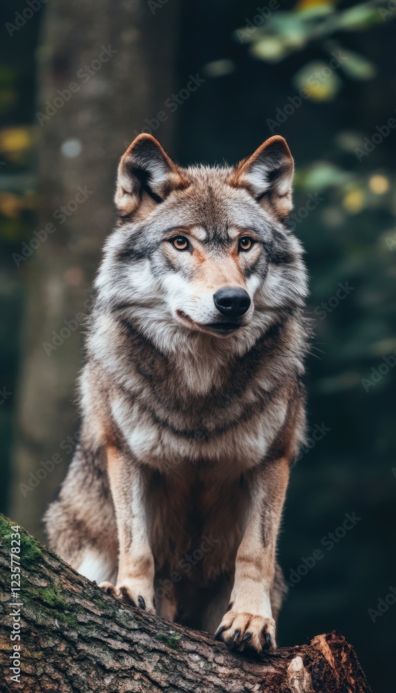 A lone wolf sits on a moss-covered log in a dark forest, its gaze intense and captivating. A lone wolf sits on a moss-covered log in a dark forest, its gaze intense and captivating.