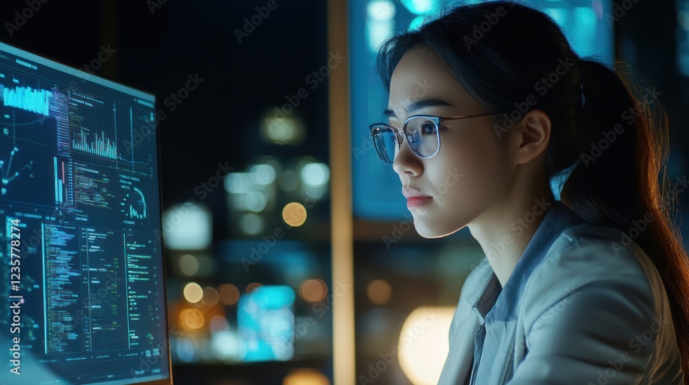 Naklejka premium Focused Programmer Analyzing Data on a Night Shift