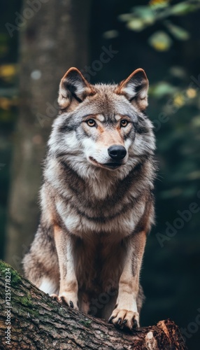 A lone wolf sits on a moss-covered log in a dark forest, its gaze intense and captivating.