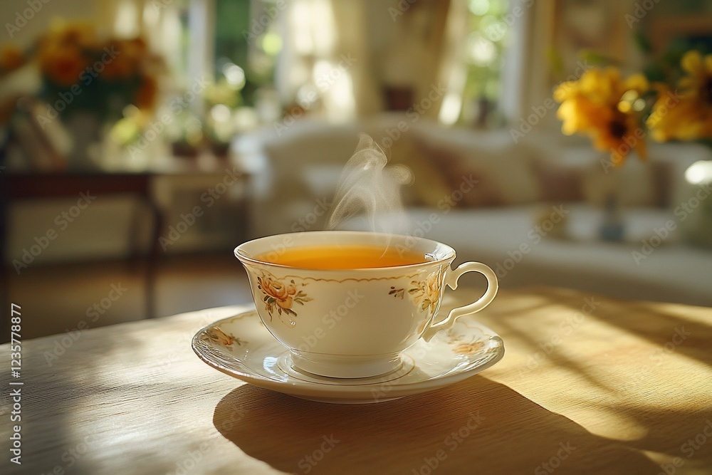 Warm Golden Hour Sunlight Illuminates Steaming Tea in a Floral Porcelain Cup on Wooden Table Warm Golden Hour Sunlight Illuminates Steaming Tea in a Floral Porcelain Cup on Wooden Table