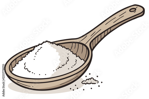 Wooden spoon, white powder, flour, baking ingredient, culinary utensil, rustic kitchen, close-up photography, isolated on white background, soft lighting, high detail, minimalist composition, cooking 