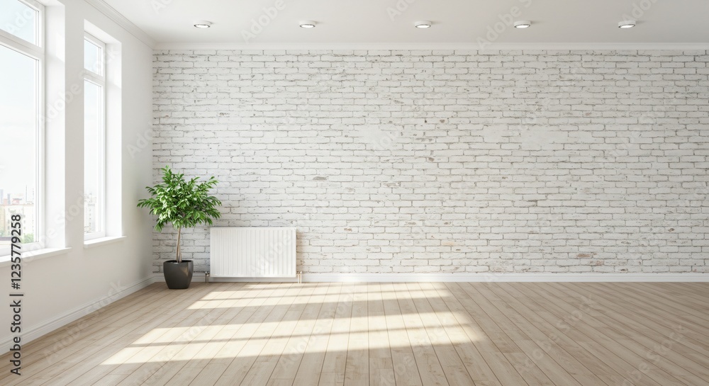Fototapeta premium A bright, minimalistic room with a white brick wall, wooden flooring, large windows, a potted plant, and natural sunlight streaming in.