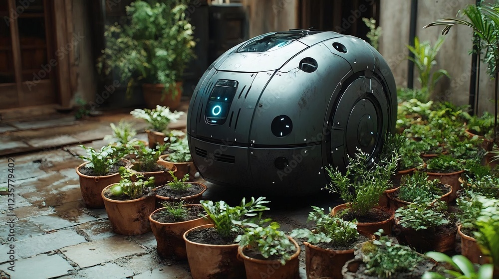 Futuristic Orb Amidst Lush Greenery: A Sci-Fi Botanical Scene Futuristic Orb Amidst Lush Greenery: A Sci-Fi Botanical Scene