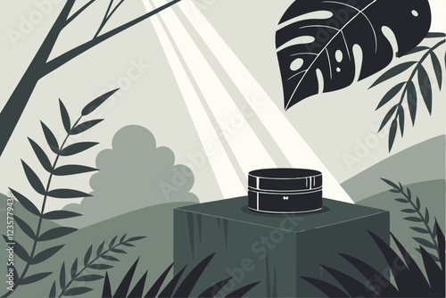 Dark marble pedestal, lush green tropical leaves, moody atmosphere, product display, dramatic lighting, misty background, forest floor, luxury showcase, minimalist design, high contrast, photorealisti