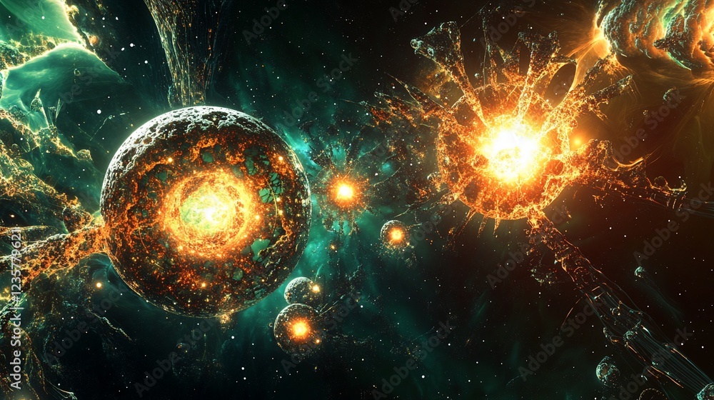 Obraz premium Cosmic Spheres and Energy Eruptions in a Deep Space Landscape with Stars