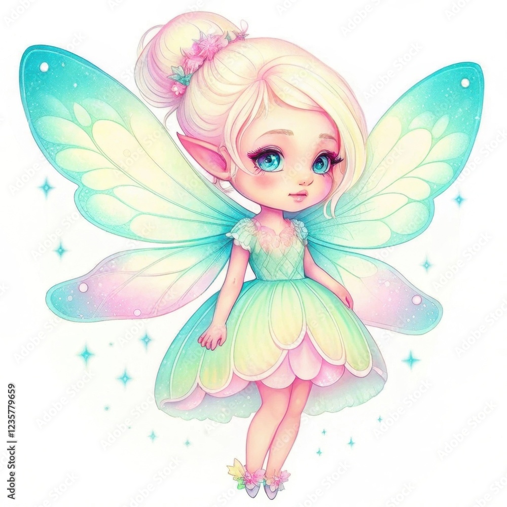 A whimsical fairy with pastel wings and a flower-themed dress, exuding enchantment and charm in a vibrant, magical setting. A whimsical fairy with pastel wings and a flower-themed dress, exuding enchantment and charm in a vibrant, magical setting.