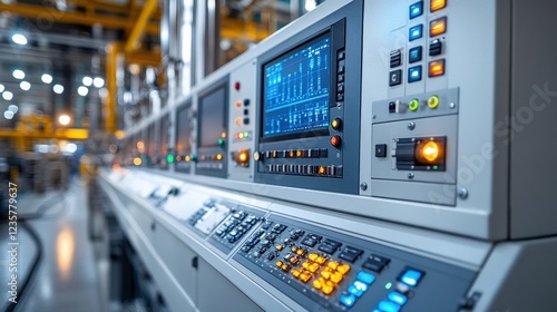 Industrial control panel with illuminated buttons and screens in a factory setting