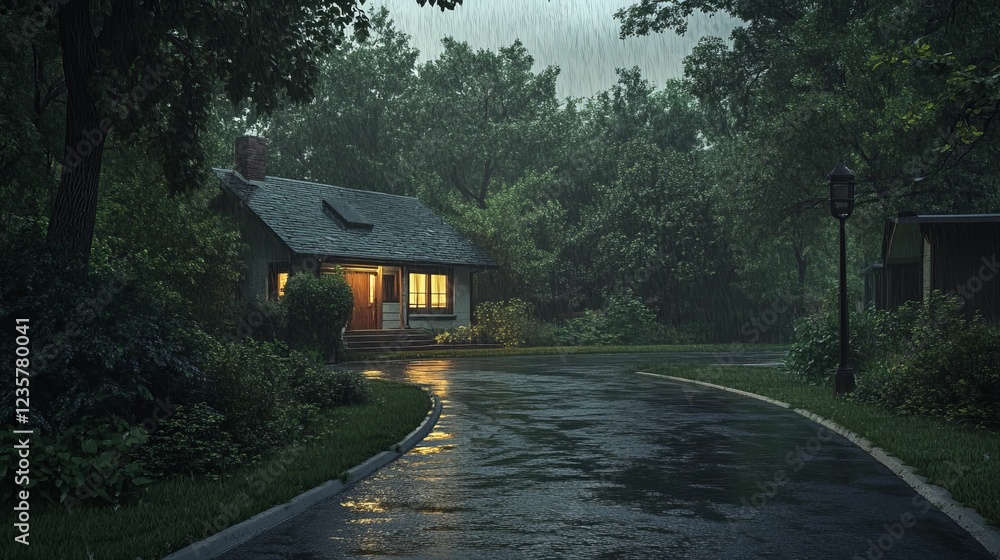 Fototapeta premium Cozy cottage illuminated rain forest night