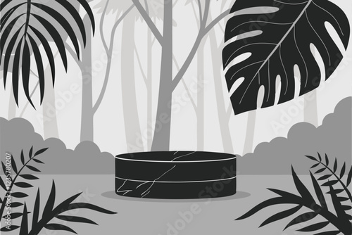 Dark marble pedestal, lush green tropical leaves, moody atmosphere, product display, dramatic lighting, misty background, forest floor, luxury showcase, minimalist design, high contrast, photorealisti