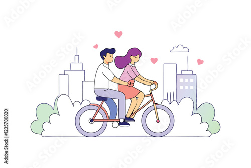 Cartoon illustration art of a couple riding a bicycle together through a dreamy cityscape.eps