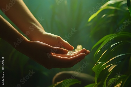 Woman s Hands Gently Holding Water Drops Amid Lush Green Foliage Nature Concept photo