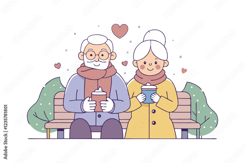 Cartoon illustration art of an elderly couple sharing a cup of hot chocolate on a park bench.eps