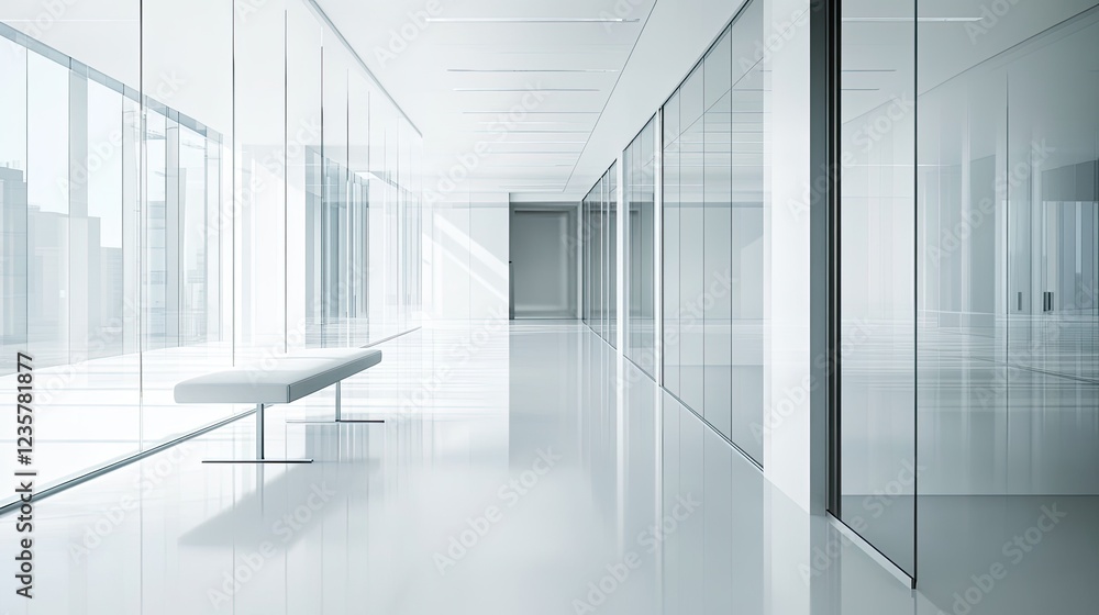 A modern office space with a long corridor and glass walls offering natural light and a pristine bench A modern office space with a long corridor and glass walls offering natural light and a pristine bench