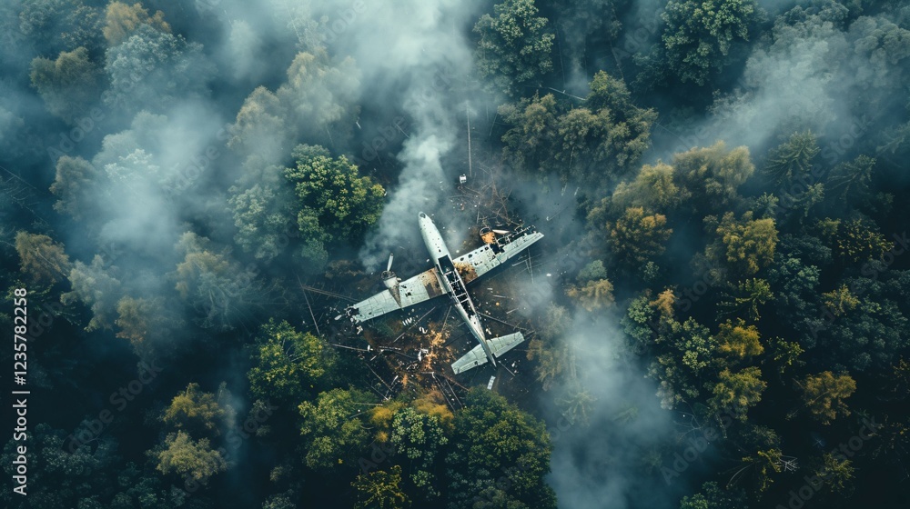 Obraz premium Aerial view of a crashed plane in fielld or forest surrounded by smoke and scattered debris, dramatic sky in the background. Aviation disaster, emergency response, and environmental impact concepts