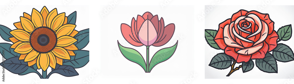 Three vibrant flower illustrations: a sunflower, tulip, and rose, showcasing detailed petals and leaves. Simple line art style. Three vibrant flower illustrations: a sunflower, tulip, and rose, showcasing detailed petals and leaves. Simple line art style.