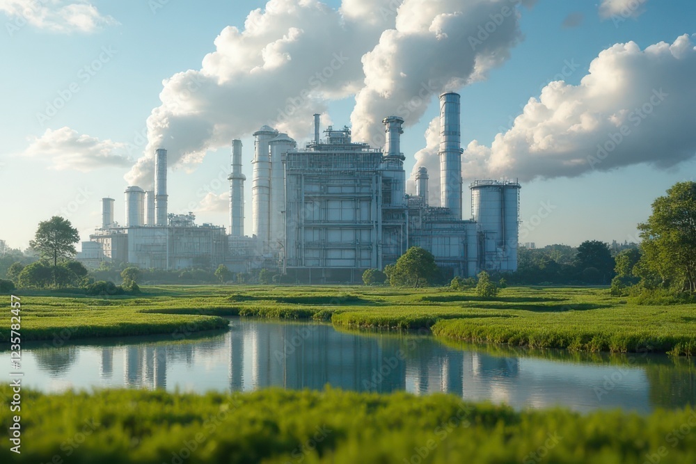 A pollution-free production facility with white modular buildings, emission-filtering smokestacks, closed-loop water purification tanks, and biodegradable material labs A pollution-free production facility with white modular buildings, emission-filtering smokestacks, closed-loop water purification tanks, and biodegradable material labs