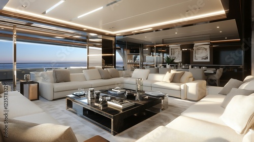 Luxurious yacht interior featuring large cream couches and ocean view