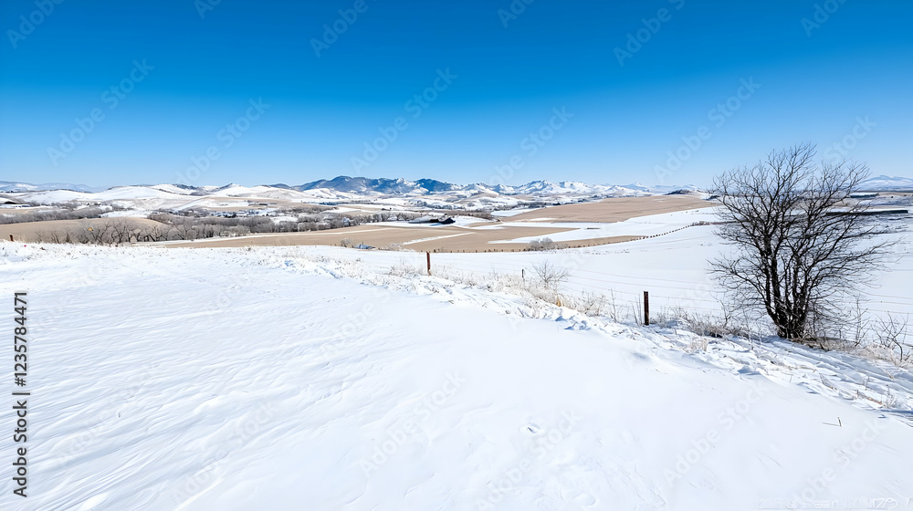Snowy mountain valley winter landscape, clear sky Snowy mountain valley winter landscape, clear sky