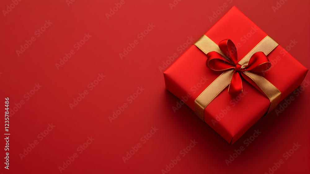A vibrant red gift box adorned with a golden ribbon and bow, set against a matching red background, perfect for celebrations, holidays, and special occasions. A vibrant red gift box adorned with a golden ribbon and bow, set against a matching red background, perfect for celebrations, holidays, and special occasions.