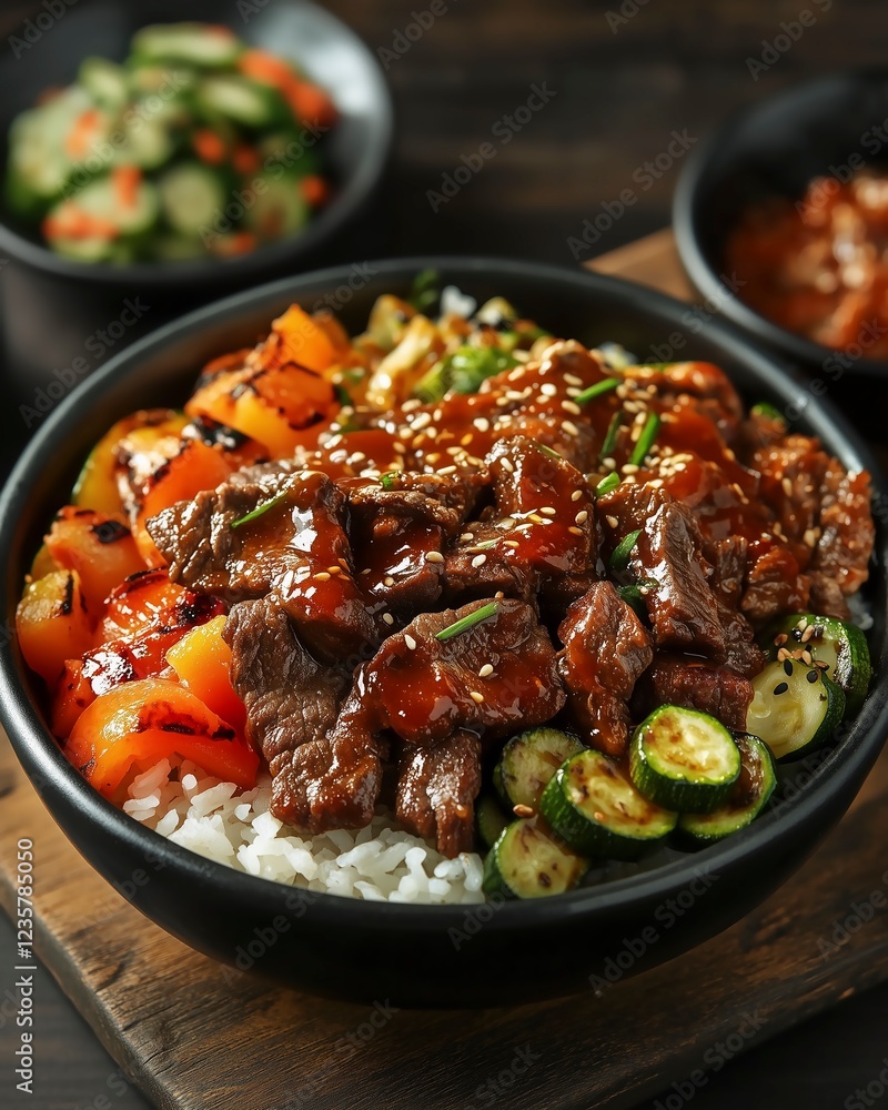 A flavorful beef stir-fry with bell peppers and zucchini, served over a bed of steamed rice and topped with sesame seeds and fresh herbs. A flavorful beef stir-fry with bell peppers and zucchini, served over a bed of steamed rice and topped with sesame seeds and fresh herbs.