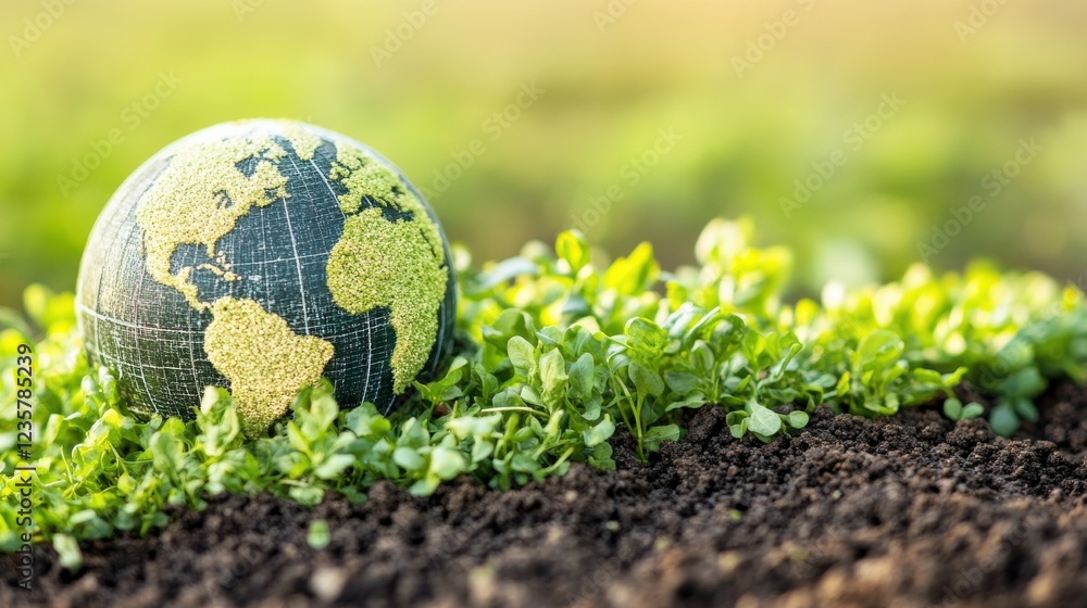 Green globe resting on fresh sprouts in fertile soil, symbolizing environmental sustainability Green globe resting on fresh sprouts in fertile soil, symbolizing environmental sustainability