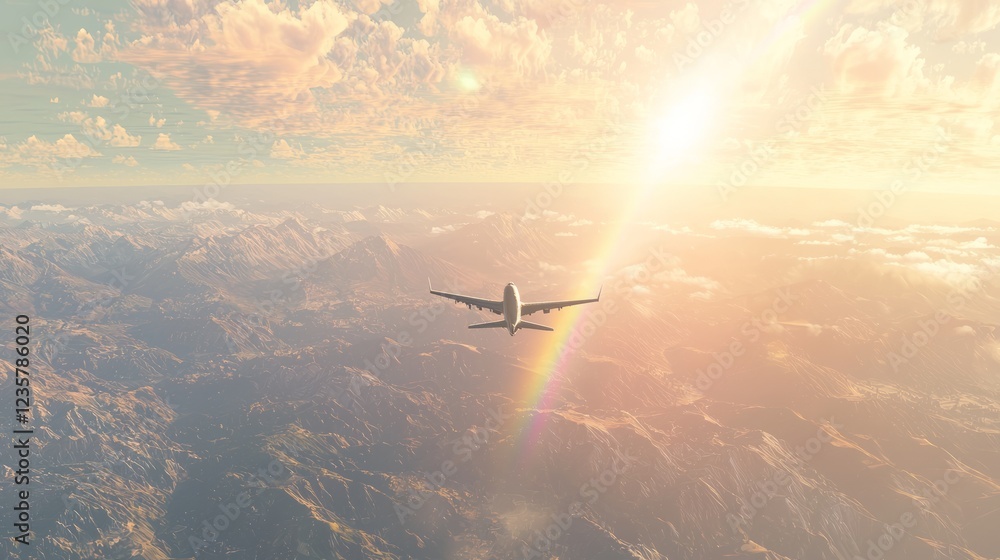 Naklejka premium Vibrant Rainbow Canopy Above Mountains and Airplane in Sky