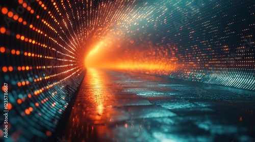 Futuristic Tunnel with Orange and Teal Neon Lights Glowing Pathway Abstract Background