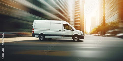 White commercial delivery van on the street with motion blur background