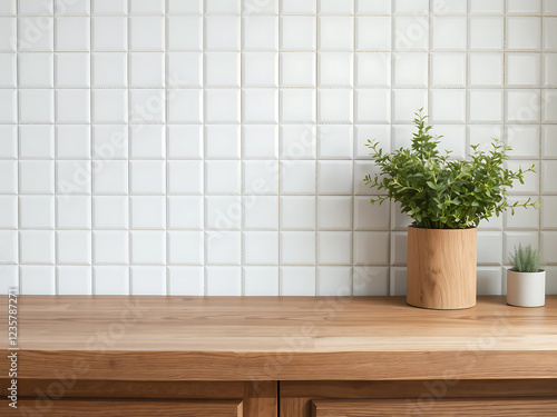 Close up of oak wood wooden kitchen counter on white ceramic wall tiles in background