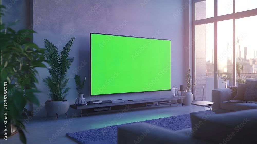 Fototapeta premium A modern living room with a large green screen TV and plants, suggesting a cozy atmosphere.