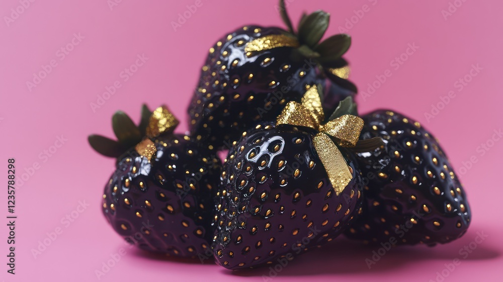 Black strawberries gold bows pink background food photography Black strawberries gold bows pink background food photography