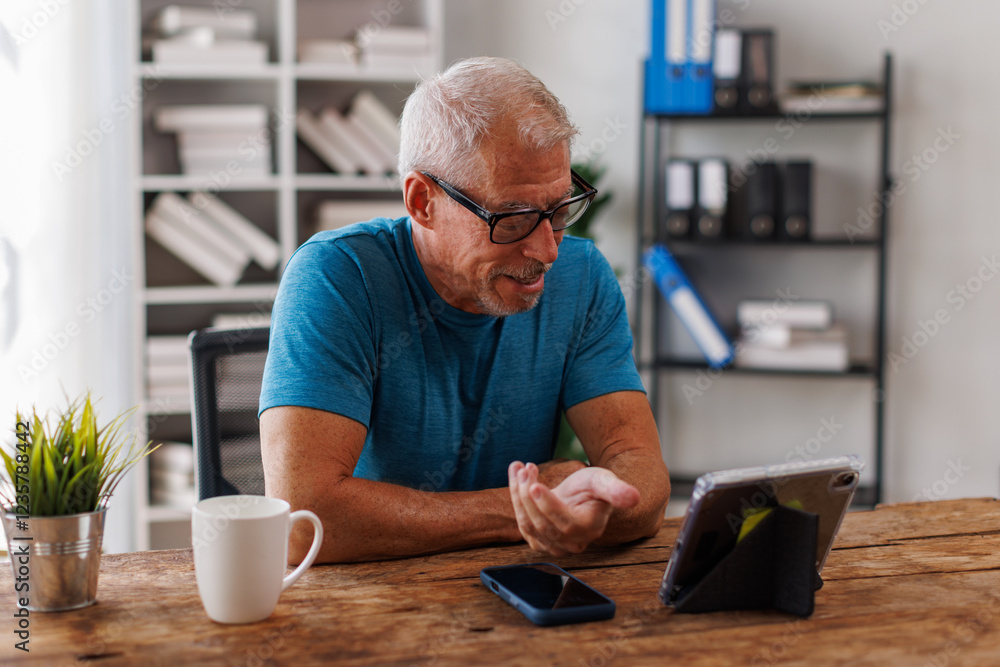 Mature man using tablet pc at home.work, elearning, online learning concept. Mature man using tablet pc at home.work, elearning, online learning concept.