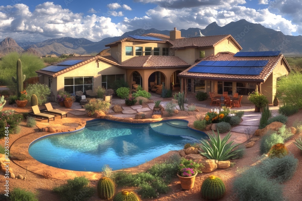 Obraz premium Luxury Desert Home with Solar Panels and Pool