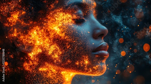 Fiery Embers Abstract Portrait of a Woman Transformed by Burning Particles and Smoke