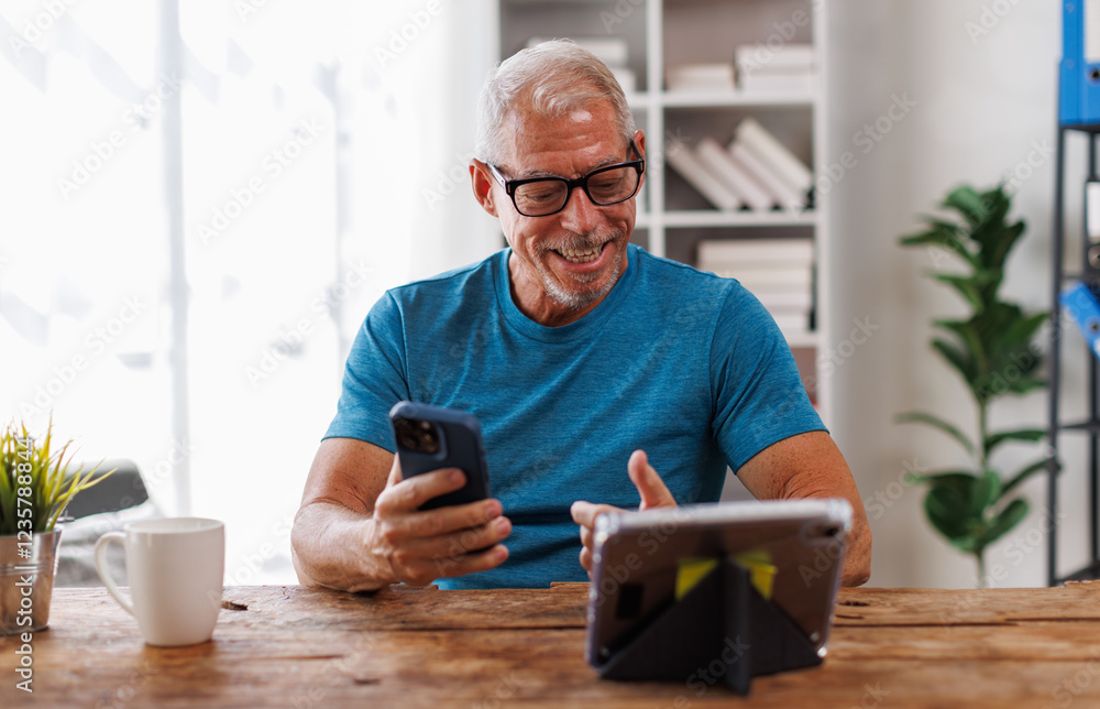 Mature man using tablet pc at home.work, elearning, online learning concept. Mature man using tablet pc at home.work, elearning, online learning concept.