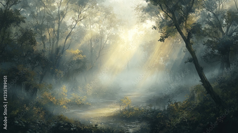 Fototapeta premium A misty forest scene with soft light filtering through trees, creating a serene atmosphere.