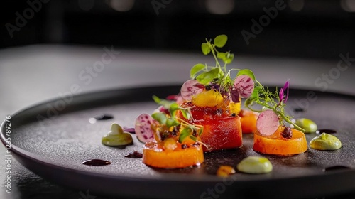 Gourmet culinary creation upscale restaurant food photography elegant dining closeup artful presentation photo