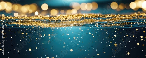 Stunning underwater scene with sparkling golden particles against a deep blue backdrop, creating a magical atmosphere. photo